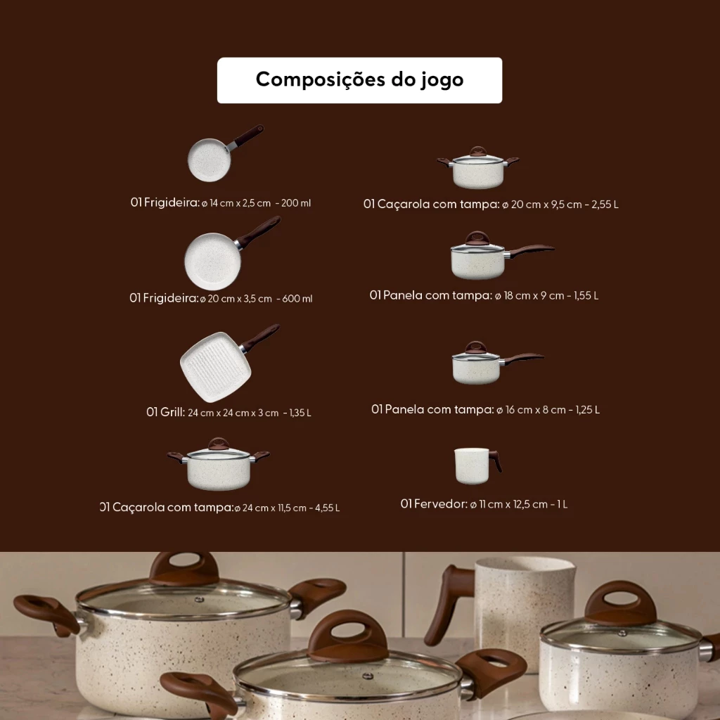 Jogo de Panelas Vanilla Ceramic Life Brinox Smart Plus 8 Peças - Antiaderente composições do jogo