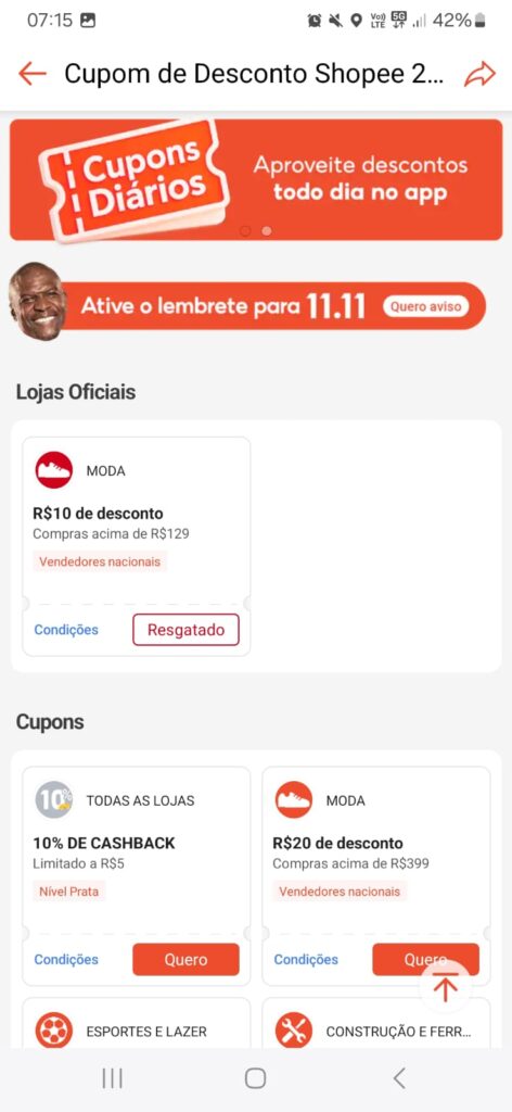 Além do app, o site da Shopee também oferece cupons atualizados. Basta rolar a página inicial até o banner “Ofertas e Cupons” e clicar nele. A página mostra os melhores cupons de desconto Shopee 2025, incluindo os cupons de categorias específicas como eletrônicos, beleza, moda e casa. Aproveite para verificar os cupons Shopee datas iguais que costumam ter descontos ainda maiores durante os eventos do mês.