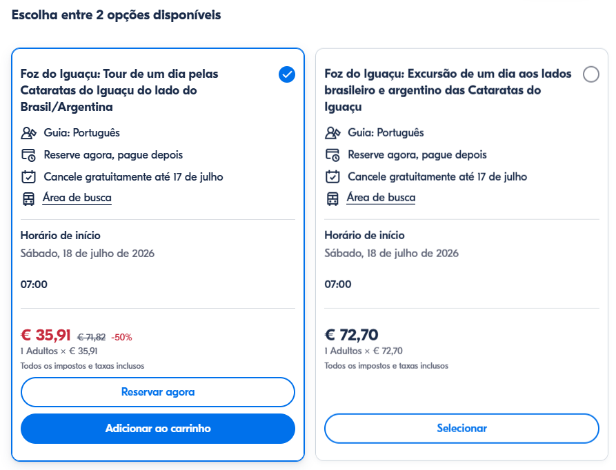 Escolha o ingresso que você quer comprar para as Cataratas do Iguaçu