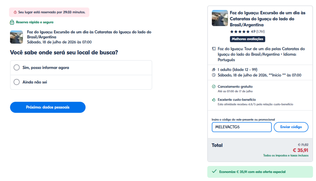 use nosso cupom de 5% de desconto na getyourguide pra economizar na hora de comprar ingressos para as Cataratas